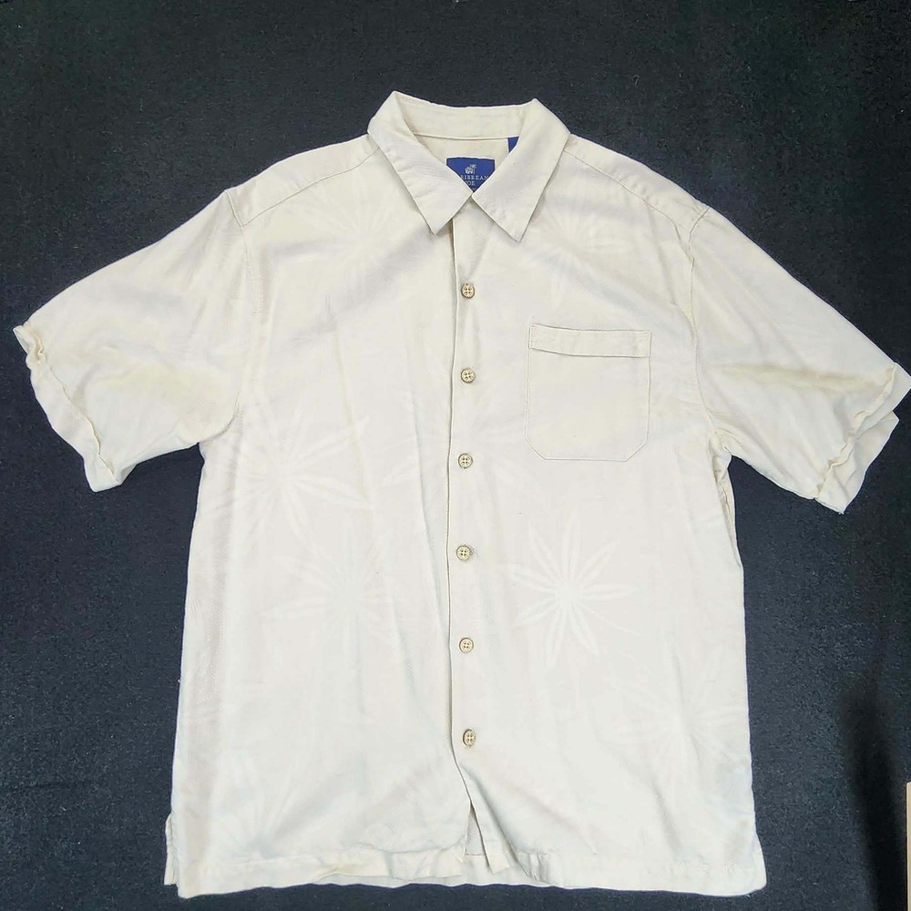 Caribean Joe Silk Shirt Mens Medium Ivory Textured‎ Short Sleeve Casual Island